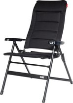Zwarte, opvouwbare kampeerstoel met 3D mesh en aluminium frame.