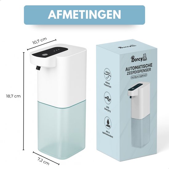 Afmetingen van de witte en lichtblauwe automatische zeepdispenser: 7.2cm breed, 10.7cm diep, 18.7cm hoog.