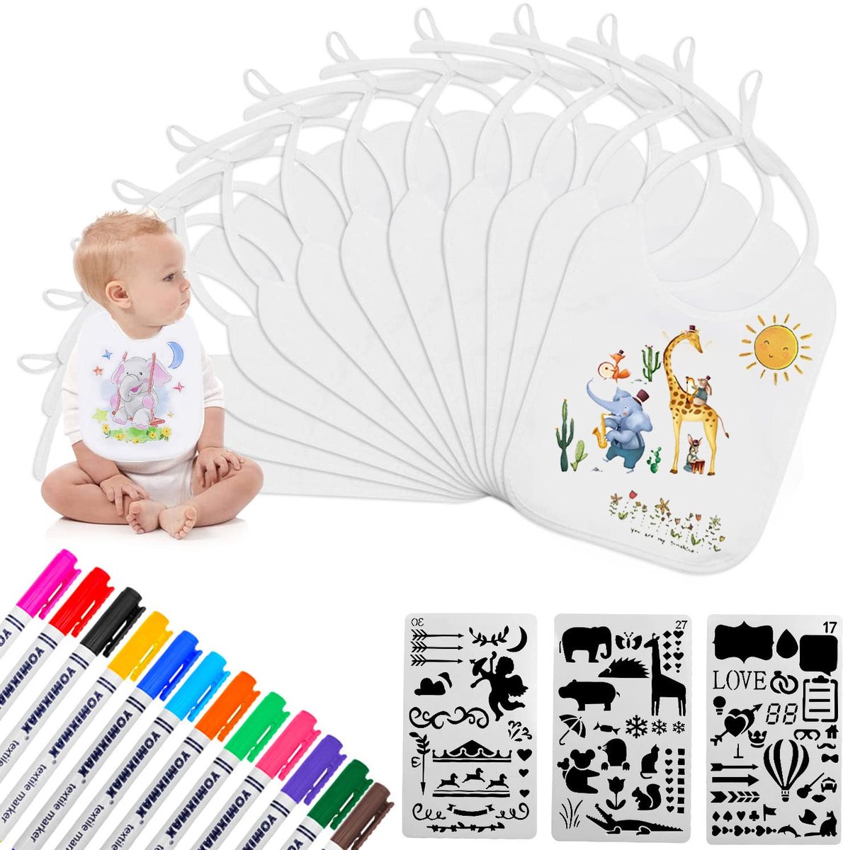 12 Witte Slabbetjes om te Beschilderen - Waterdicht & Machinewasbaar - Voor Baby's - 22x18 cm met 12 Textielstiften en 3 Sjablonen
