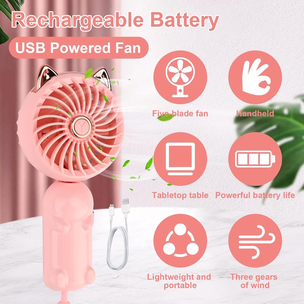 Roze Draagbare USB-Handventilator thumbnail 3