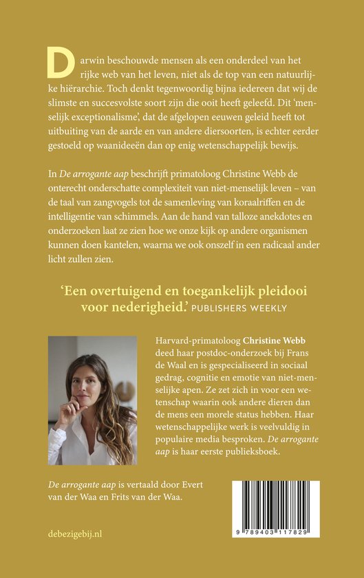 Boekflap met foto van Christine Webb en tekst over 'De arrogante aap'.