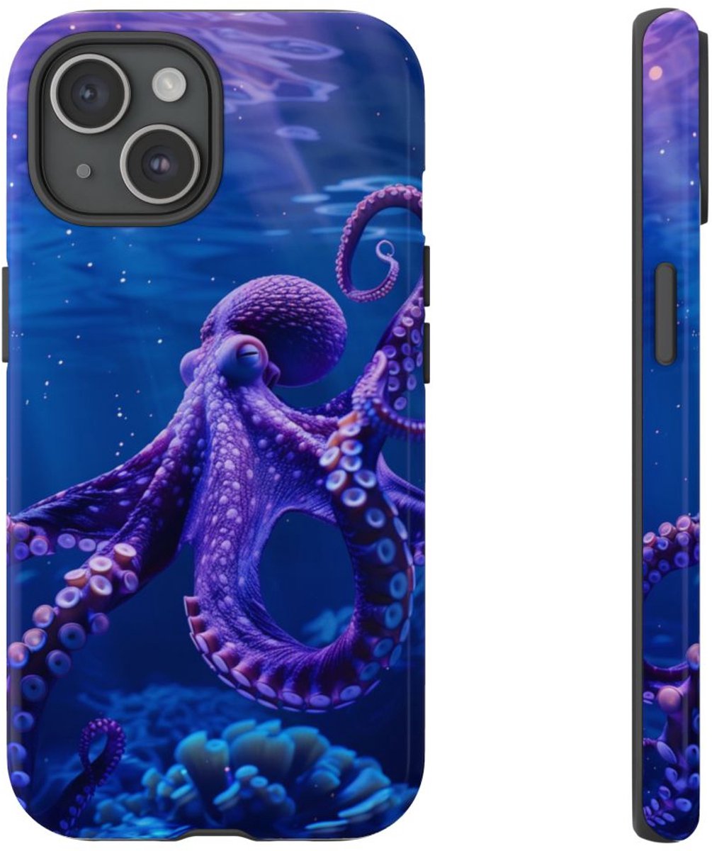 Paarse Octopus Onderwaterlandschap – Telefoonhoesje Geschikt voor iPhone 15