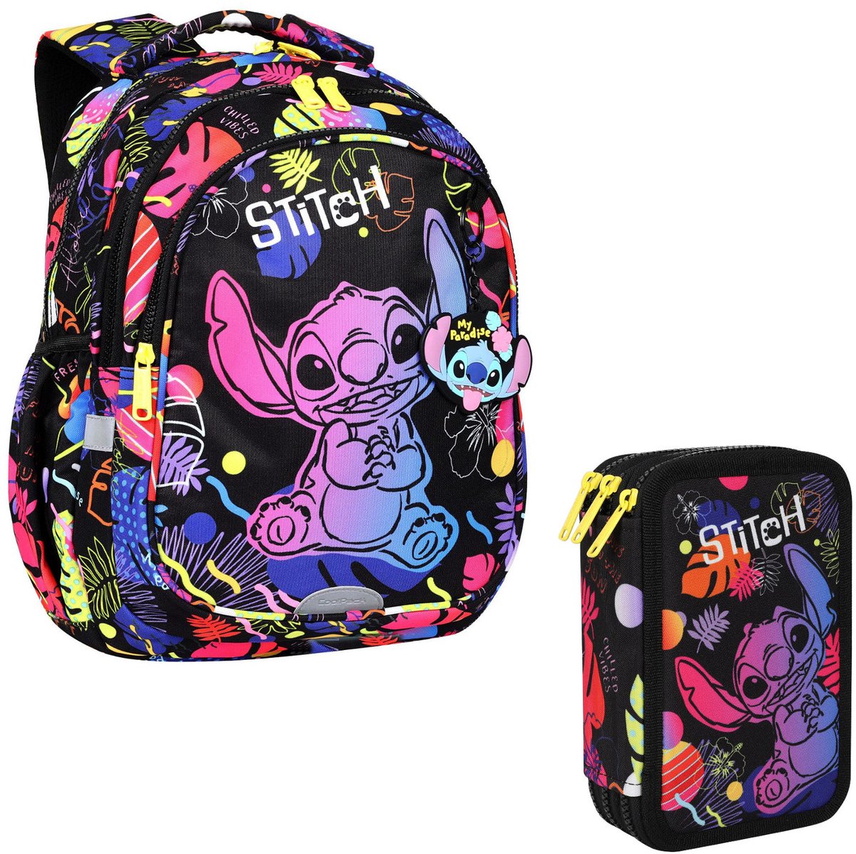 Schoolrugzak 19 L Coolpack Jerry DISNEY STITCH zwart en potloodetui met drie vakken en accessoires JUMPER 3 STITCH