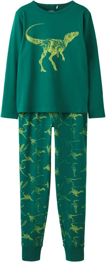 Ensemble pyjama vert à manches longues, avec un imprimé dinosaure sur le devant du haut et un imprimé intégral sur le pantalon.