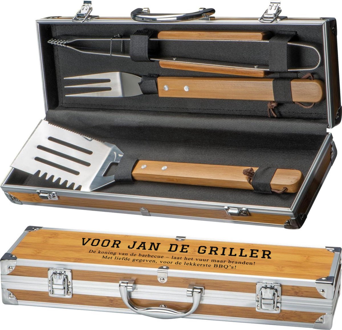 3-Delige BBQ Set in Aluminium Koffer – Grilltang, Vleesvork & Spatel – Blanco Design – Luxe Barbecue Gereedschap
