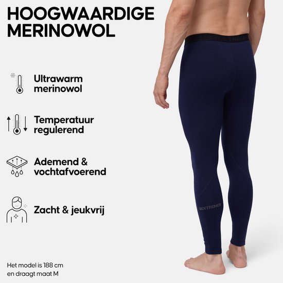 Donkerblauwe thermolegging van merinowol, zacht, ademend en temperatuurregulerend. Model van 188 cm draagt maat M.