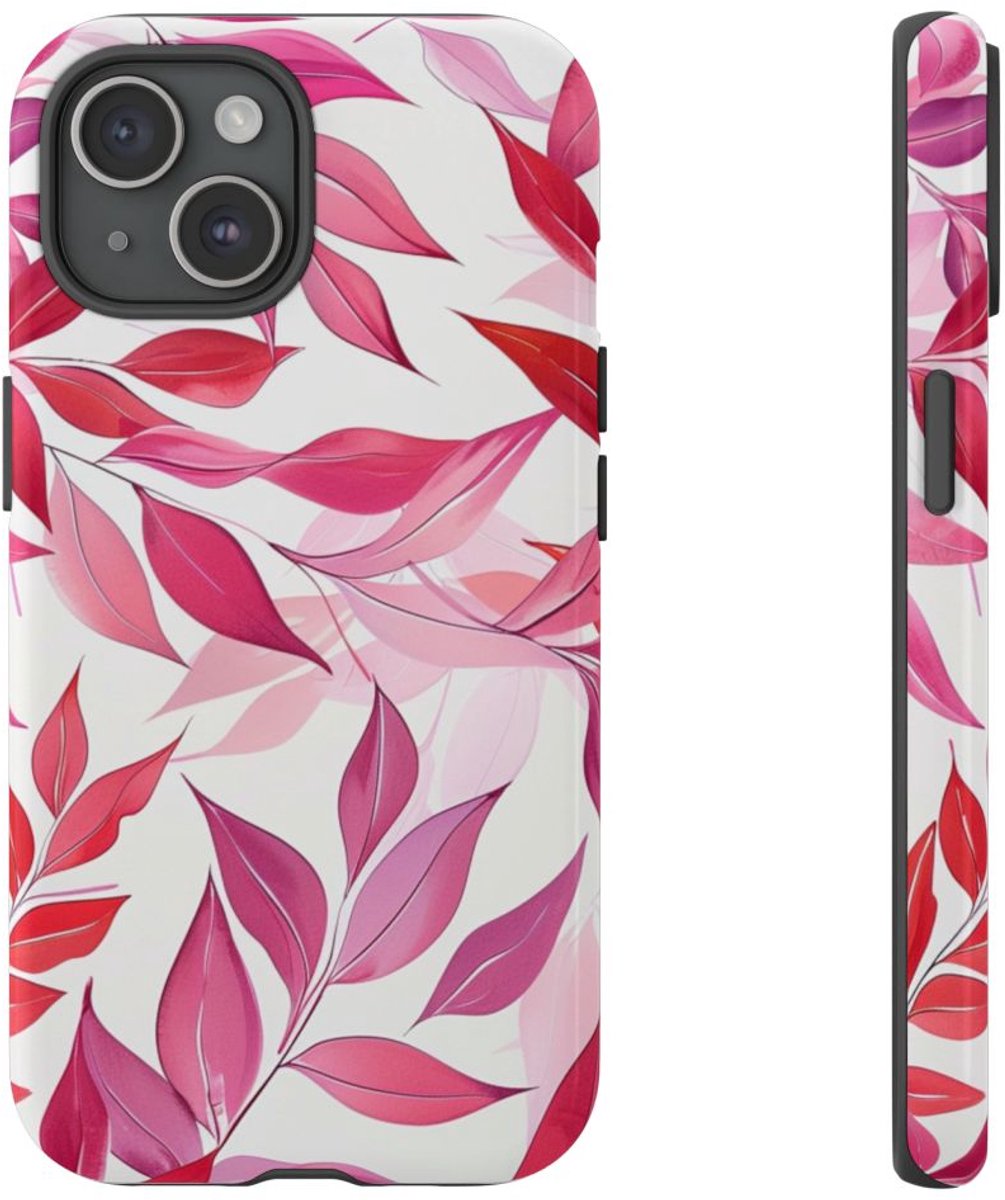 Roze en Rode Bladerenpatroon – Telefoonhoesje Geschikt voor iPhone 15