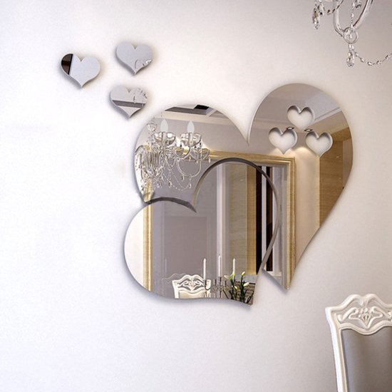 Sticker mural avec miroir en forme de coeur, autocollants muraux amovibles en forme de double coeur. Décoration pour le salon, la chambre et la salle de bain (argent)