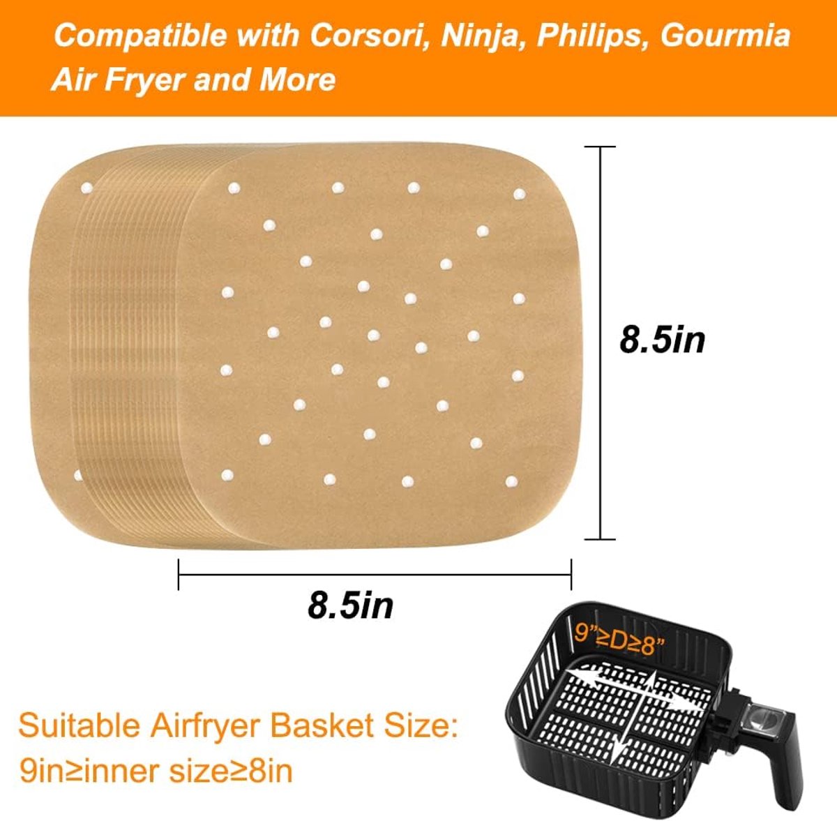 Airfryer bakplaten, set van 200, 8,5 inch ongebleekte geperforeerde vierkante airfryer bakplaten voor airfryers, stoommandjes en meer