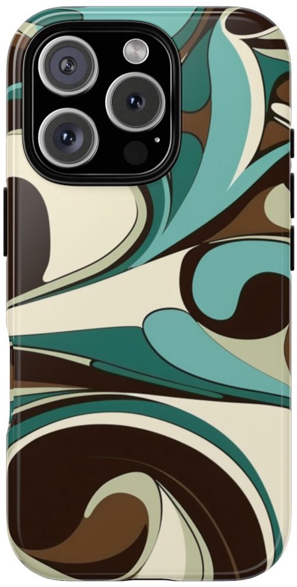 Abstracte Swirl in Teal en Bruin – Telefoonhoesje Geschikt voor iPhone 16 Pro
