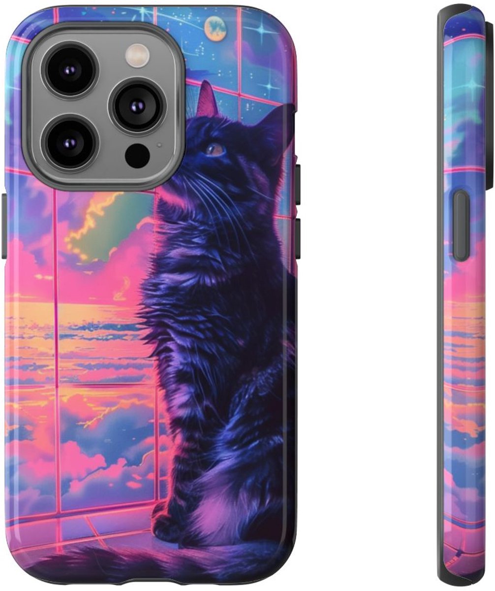 Lofi Vaporwave Kat met Neonlucht – Telefoonhoesje Geschikt voor iPhone 14 Pro