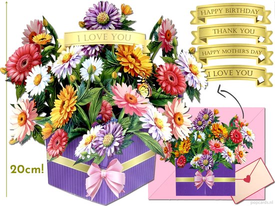 Popcards pop-up kaart – Groot Vrijstaand Boeket Prachtige Margrieten Bloemen Verjaardag Moederdag pop-up kaart 3D wenskaart