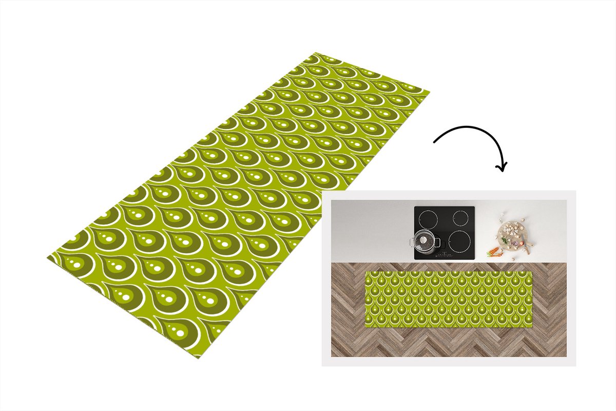 KitchenYeah Keukenloper 180x60 cm - Keukenmat vinyl Patronen - Retro - Regen - Druppel - Groen - Keukenmatten loper - Keuken vloerkleed tapijt