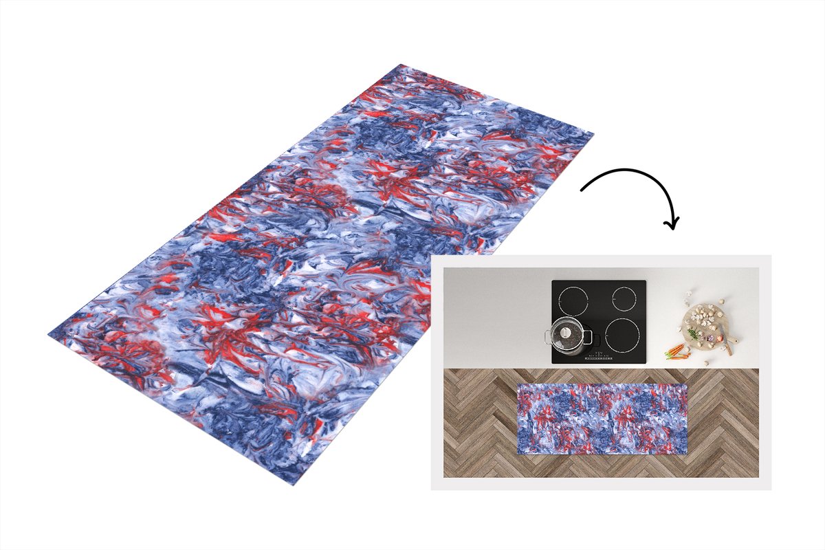 KitchenYeah Keukenloper 120x50 cm - Keukenmat vinyl Blauw - Rood - Marmer print - Patronen - Keukenmatten loper - Keuken vloerkleed tapijt Verf