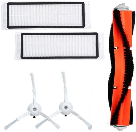 Twee witte filters, een oranje rolborstel en twee witte zijborstels.