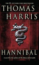 Boek "Hannibal" van Thomas Harris. De cover heeft een rood mozaïekpatroon met een zilverkleurig, opgerold draakachtig wezen in het midden. "The #1 New York Times Bestseller" staat bovenaan.
