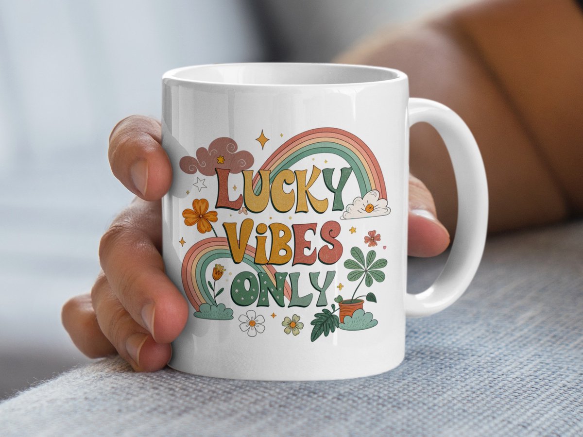 Lucky Vibes Only Mok, Retro Design, Positieve Vibes, Vrolijke Mok, Cadeau Idee, Trendy Mok