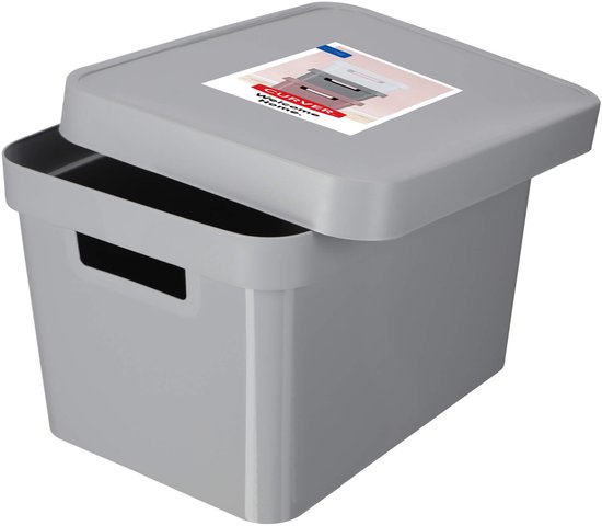 Grijze opbergbox met deksel en handgrepen, met een label van Curver 'Welcome Home'.