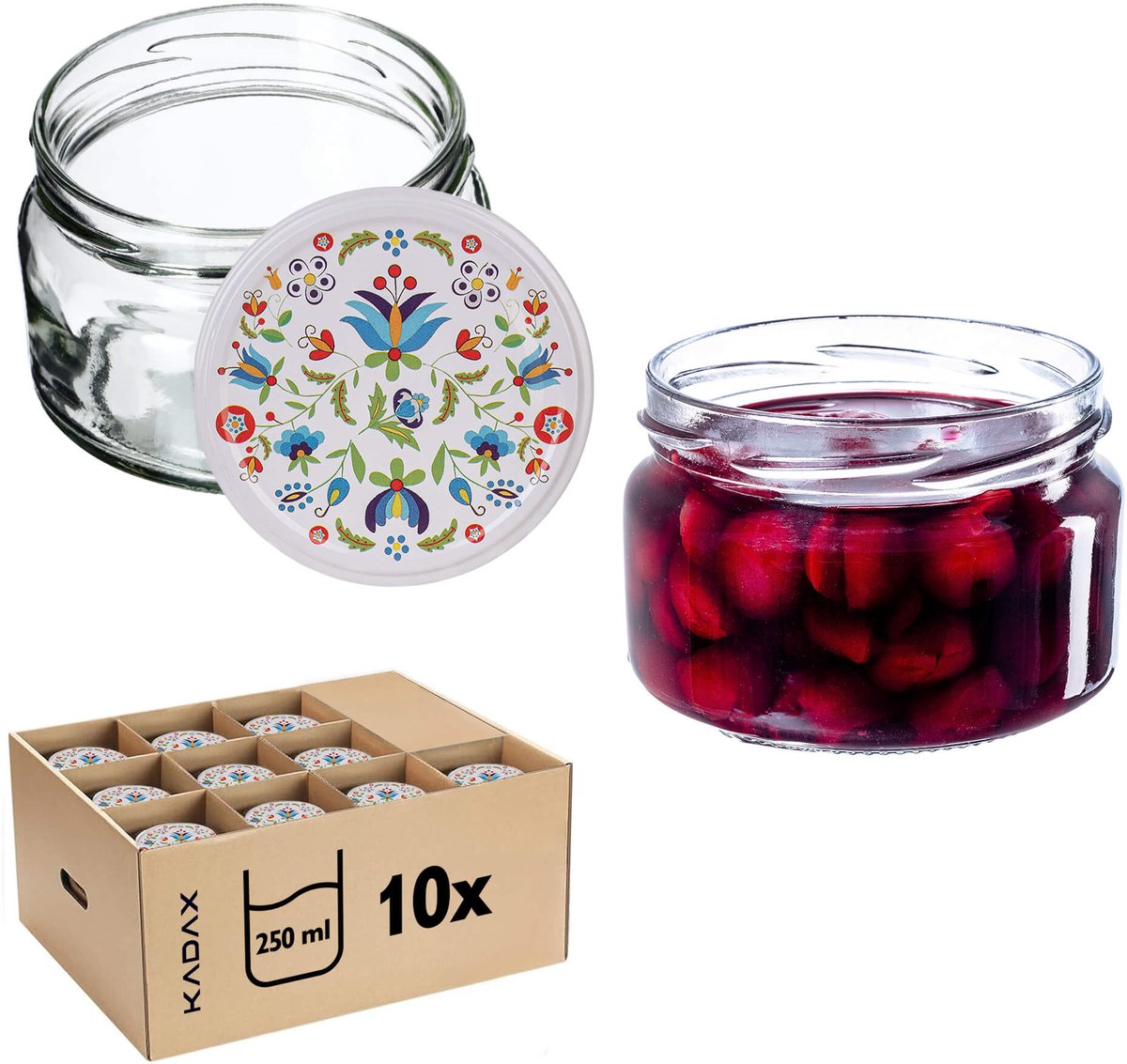 Denia Weckpotten 250ml 10st 82mm + Deksel "Kasjoebische Folklore"