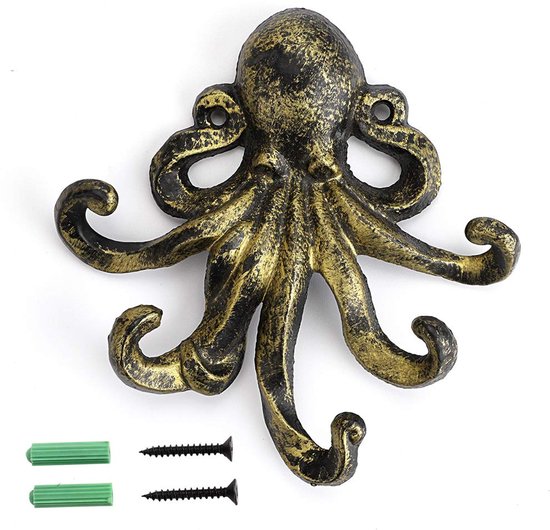 BSTKEY Gietijzeren Octopus 5 Tentakels Decoratieve Wandhaken - Rustieke Handdoekhaak Sleutelhaak Kapstok Handdoekhouder (Groen Brons)