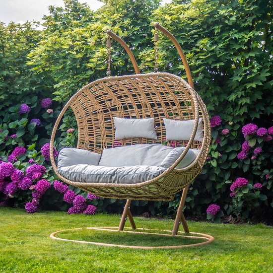 Ogarden Dubbele Hangstoel Istanbul - Bruin frame - met Cream Dikker Kussen -162*108*196CM- 2 persoons schommelstoel-hangschommel- voor binnen en buiten