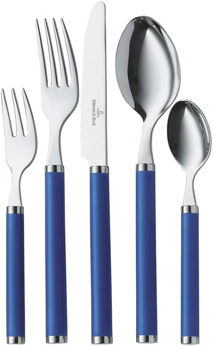 Tafelbestek 30-delig voor 6 Personen - Blauw Kunststof Handvat, Roestvrij Staal, Vaatwasmachinebestendig