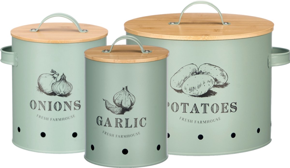 OTIX Voorraadpotten - met Deksel - Mint Groen - Set van 3 - Uienpot - Aardappelbak - Knoflookpot - Bamboe - Metaal - SCORPIO
