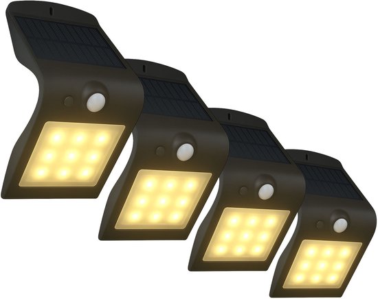 Vier zwarte FlinQ Geisha solar wandlampen, elk met zonnepaneel en bewegingssensor. De lampen hebben een witte behuizing en 9 LED-lampjes.