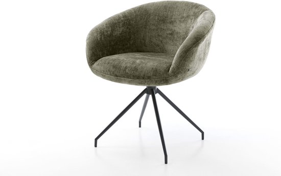 Chaise de salle à manger Vinka- Flex avec accoudoirs, structure croisée, chenille conique noire, vert olive, pivotante à 180°, noyau à ressorts ensachés