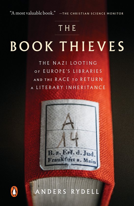 Couverture du livre 'The Book Thieves' avec un dos rouge, une étiquette portant "A 14" et le texte "B.z. Erf. d. Jud. Frankfurt a. Main".