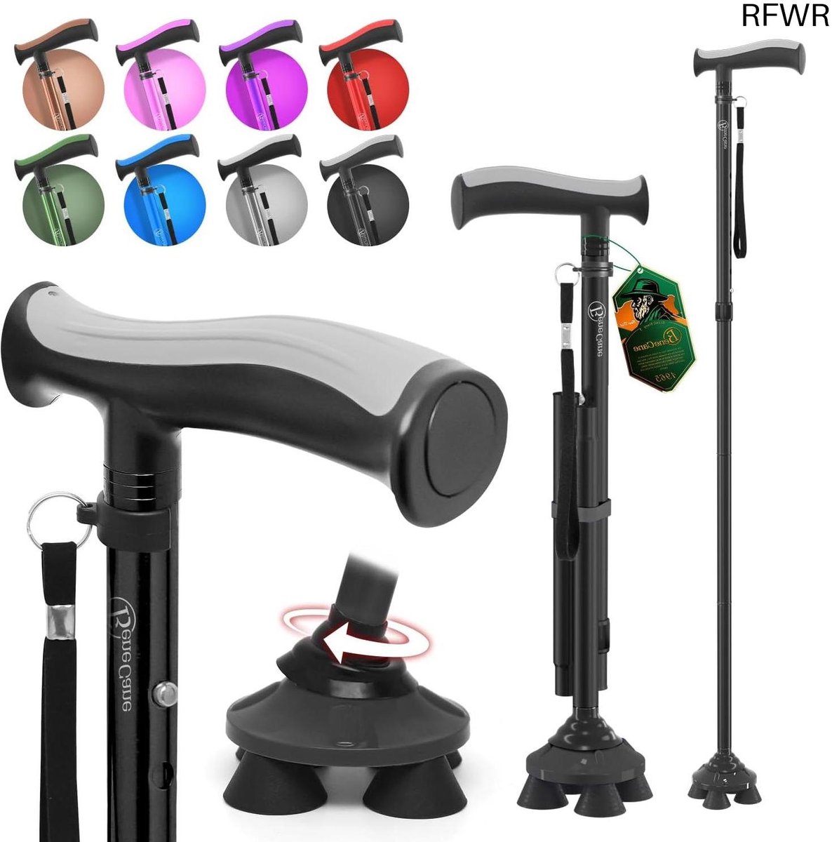 RFWR® Opvouwbare Wandelstok voor Senioren - Lichtgewicht, Verstelbaar en Stevig met Zacht T-handvat