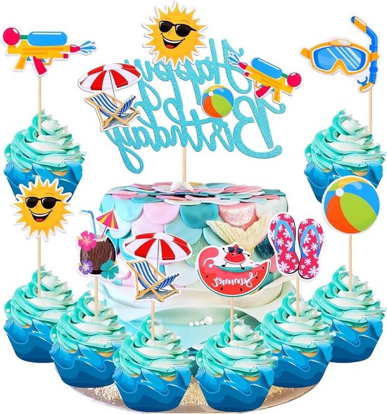 Foto: Allecto plus zomer strand taartversiering 25 stuks hawaiiaanse strand verjaardag cupcake decoratie tropisch strand bruiloft verjaardag thema feestbenodigdheden