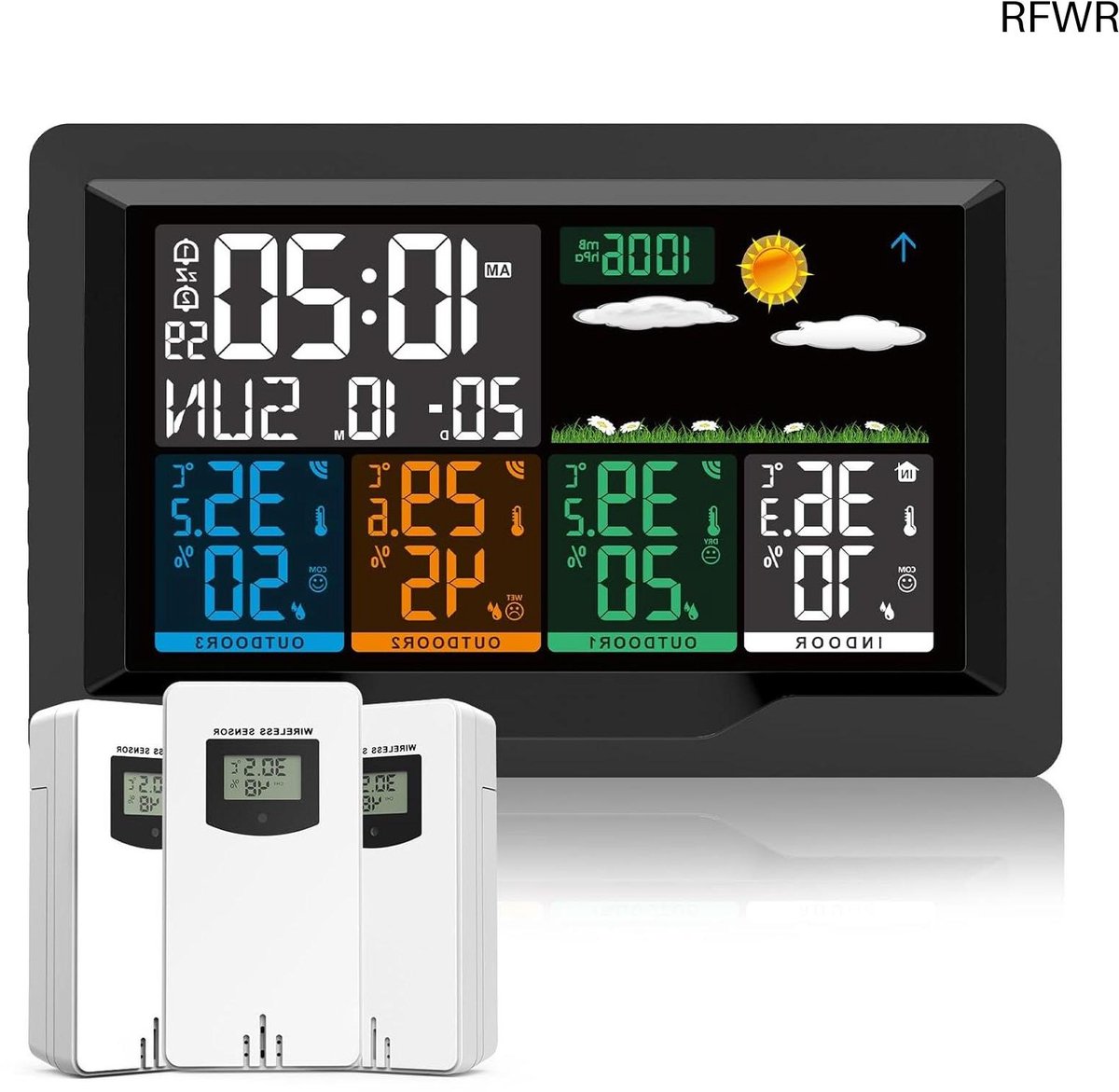 RFWR® Multifunctioneel Draadloos Weerstation met 3 Buitensensoren en Digitale Wekker