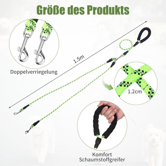 Allecto Plus - Laisse double pour 2 chiens avec fonction pivotante à 360° - Convient aux chiens de petite et moyenne taille jusqu'à 40 kg - Laisse réfléchissante - Poignées rembourrées - Vert 12 mm - Laisse idéale pour les promenades en soirée