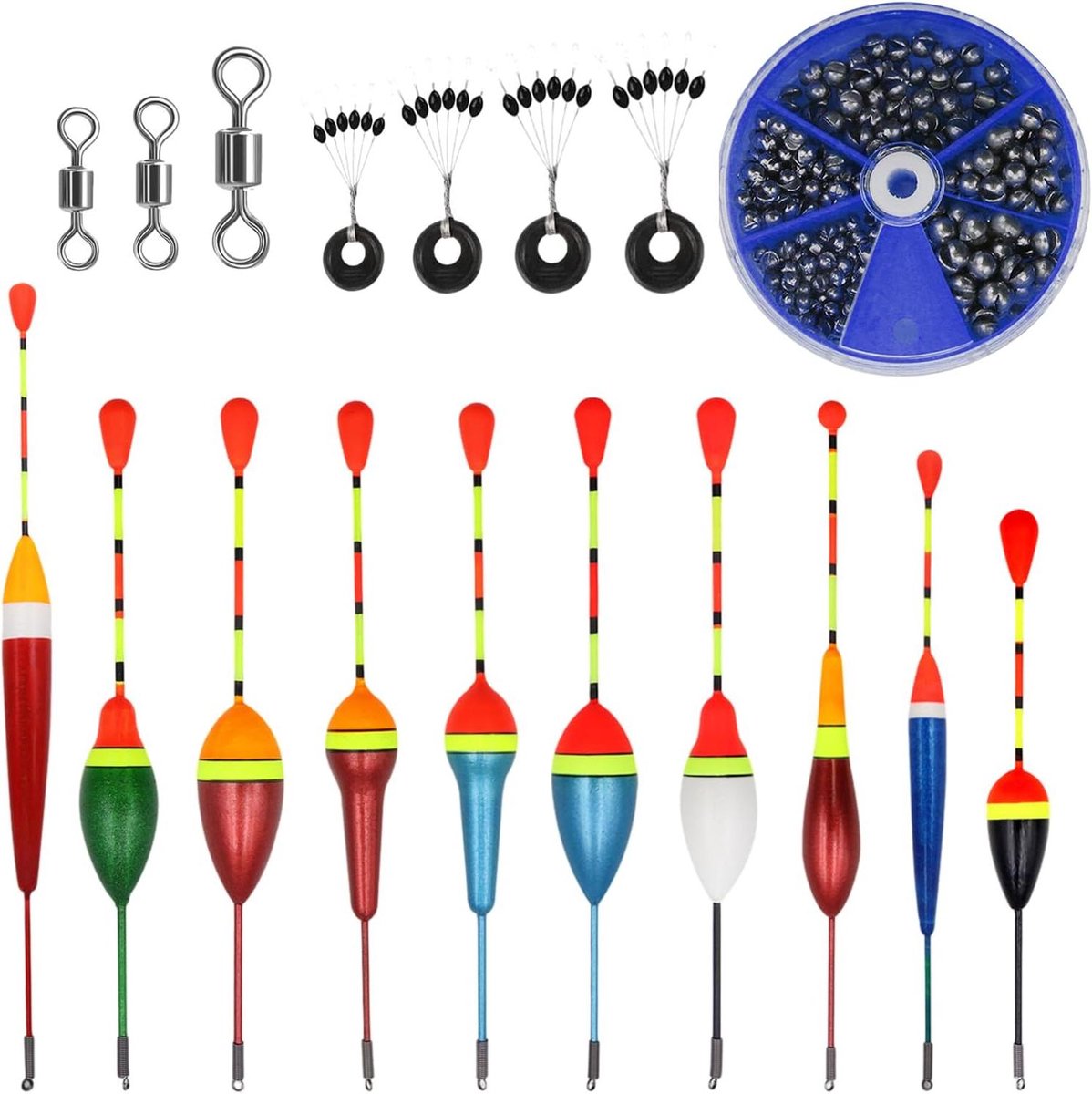 Allecto Plus - Set van 10 Drijvers 205 Stuks 5 Maten Rood Lood Vissen 4 Stuks Rubberen Stoppers Vissen 3 Stuks Wervelvis Forel Vissen Accessoires Set Zwemmer Vissen voor Meren Vijvers