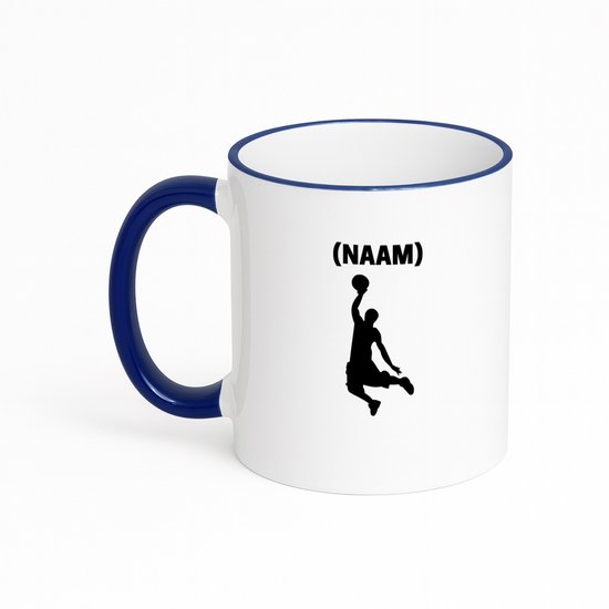 Hacebo® - Basketbal met eigen naam koffiebeker met gekleurde rand donker blauw - Basketbal - Basketballer - thee mok - koffie beker - Sport - koffiemok - 330 ML