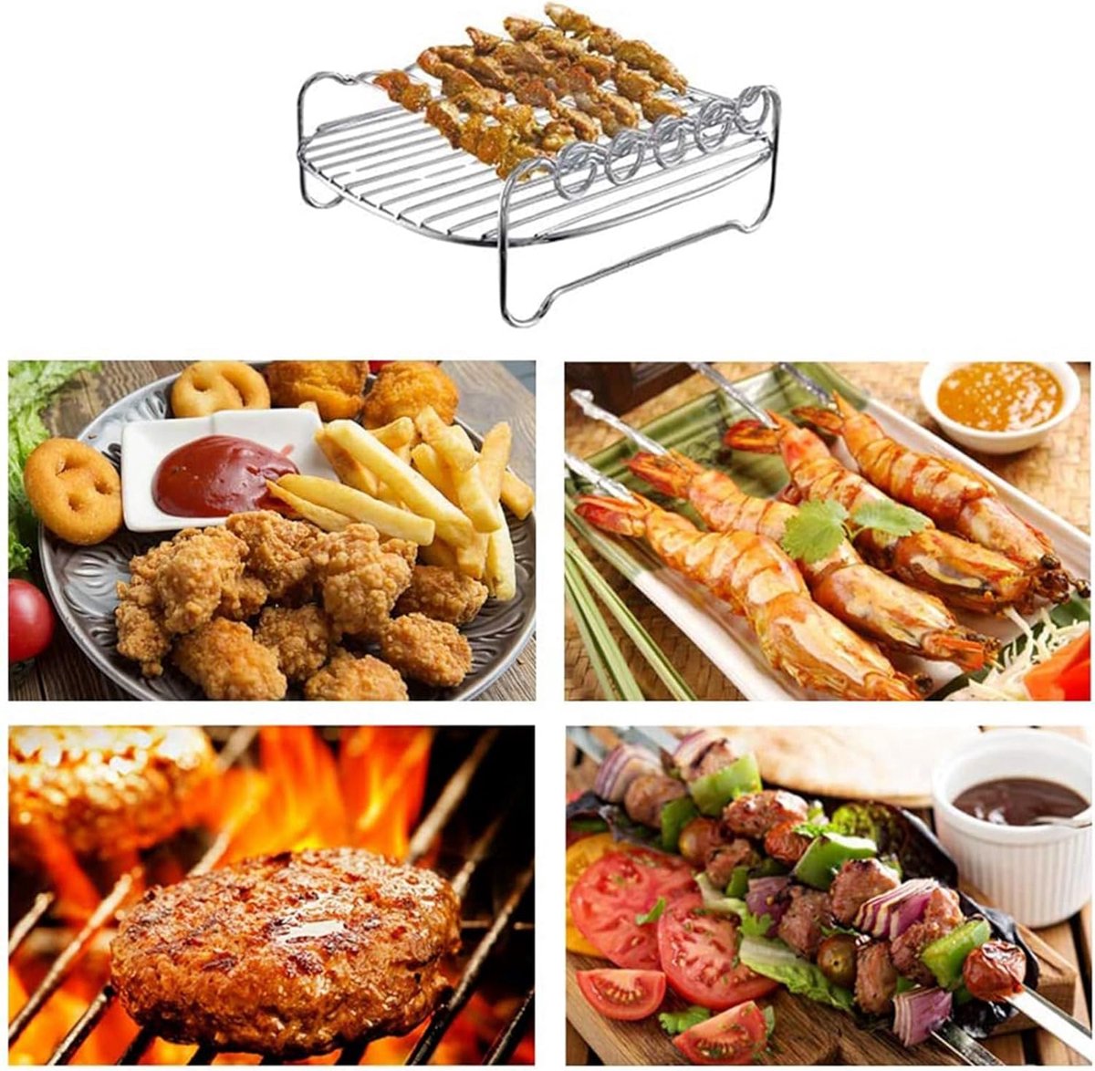 Dual Air Fryer Accessoires - Zilver 304 Roestvrij Staal - Vervanging BBQ Rack - Dubbele Laag Spiesjes Bakplaat Voor Air Fryer