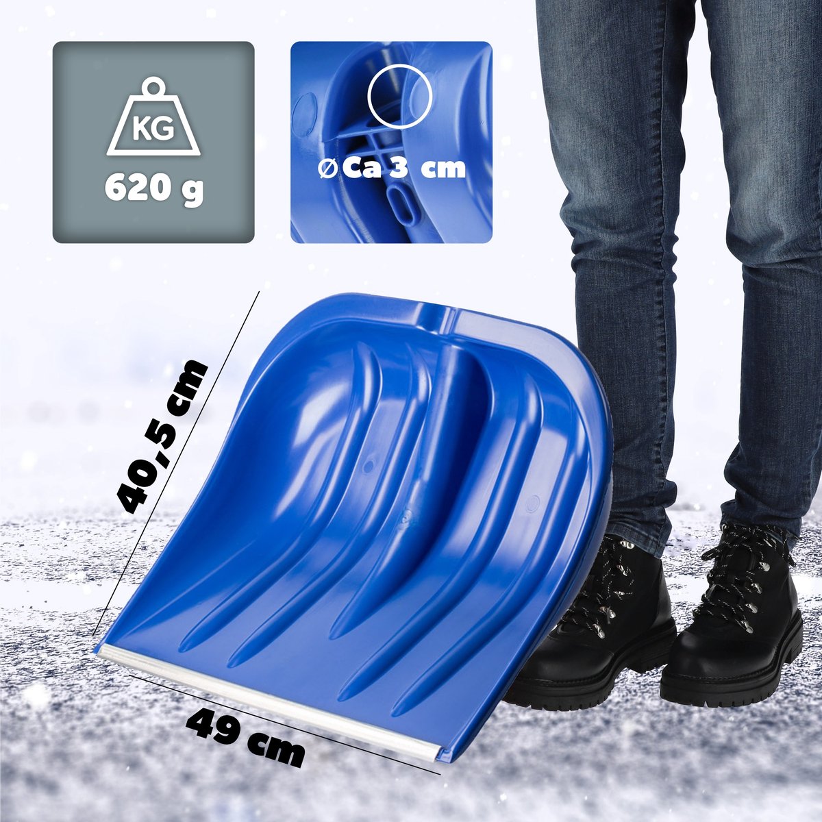 KADAX Sneeuwspade, 49 cm breed, sneeuwschep zonder steel, sneeuwschuiver, sneeuwruimer, kunststof sneeuwschop, sneeuwschuip (3, zilver met aluminium rand