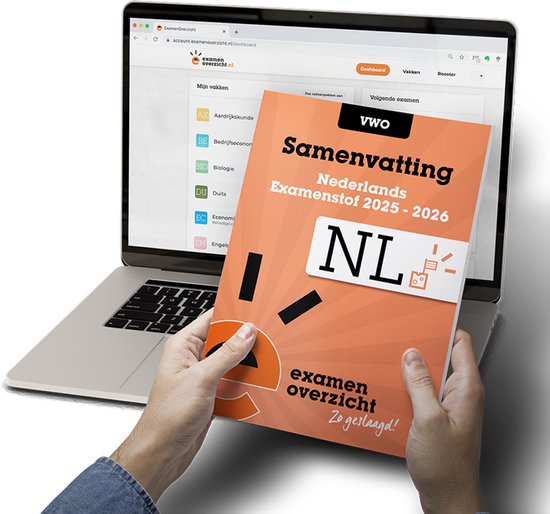 Oranje boek met 'Samenvatting Nederlands Examenstof 2025-2026' en 'NL' op de voorkant, getoond voor een laptop met examenoverzicht website.