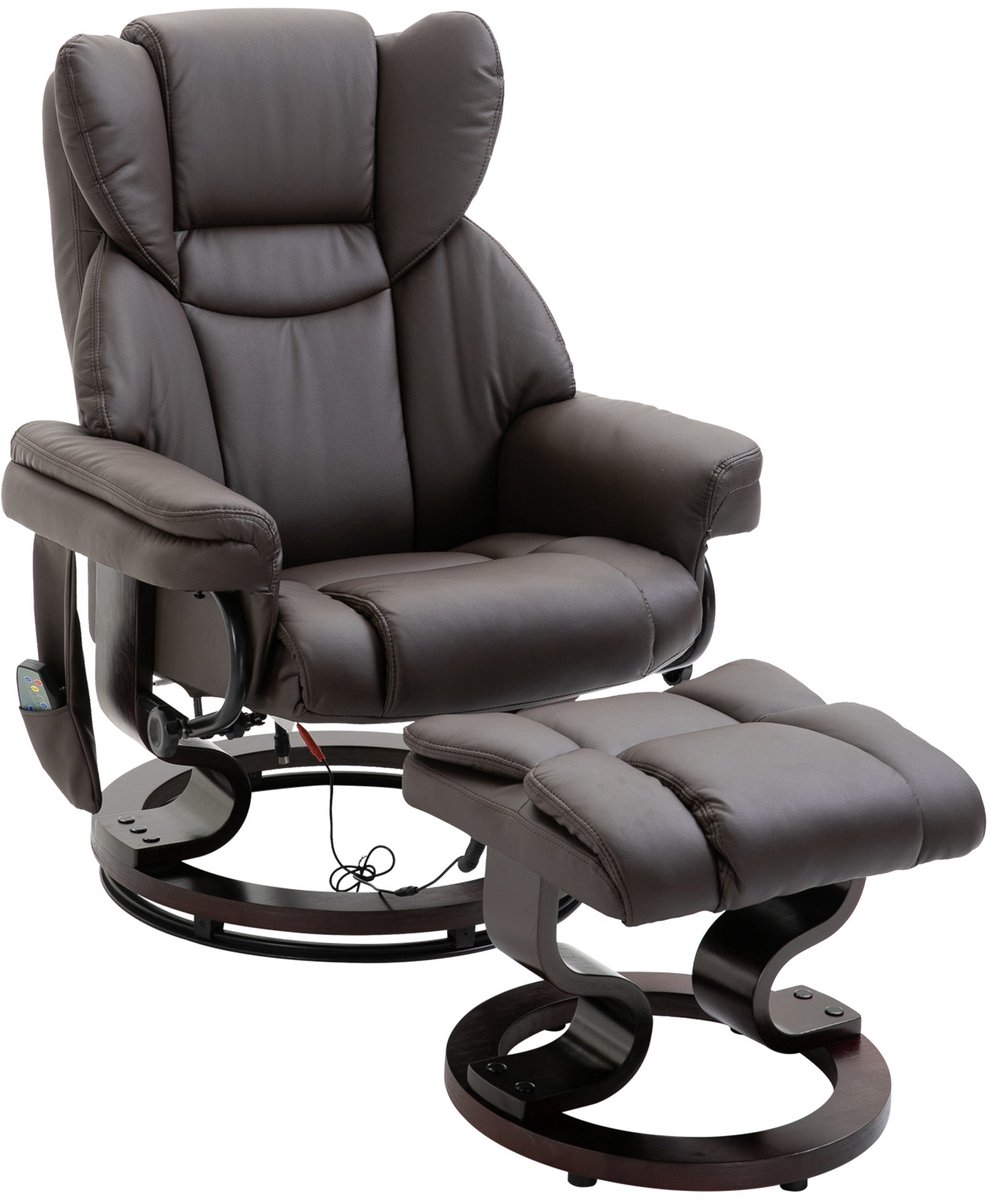 Merax Draaibaar Relaxfauteuil met Voetenbank – Bruin Kunstleer – Elektrische Massagestoel met 10-Punts Vibratiemassage en 145° Ligfunctie – Relaxstoel met Afstandsbediening