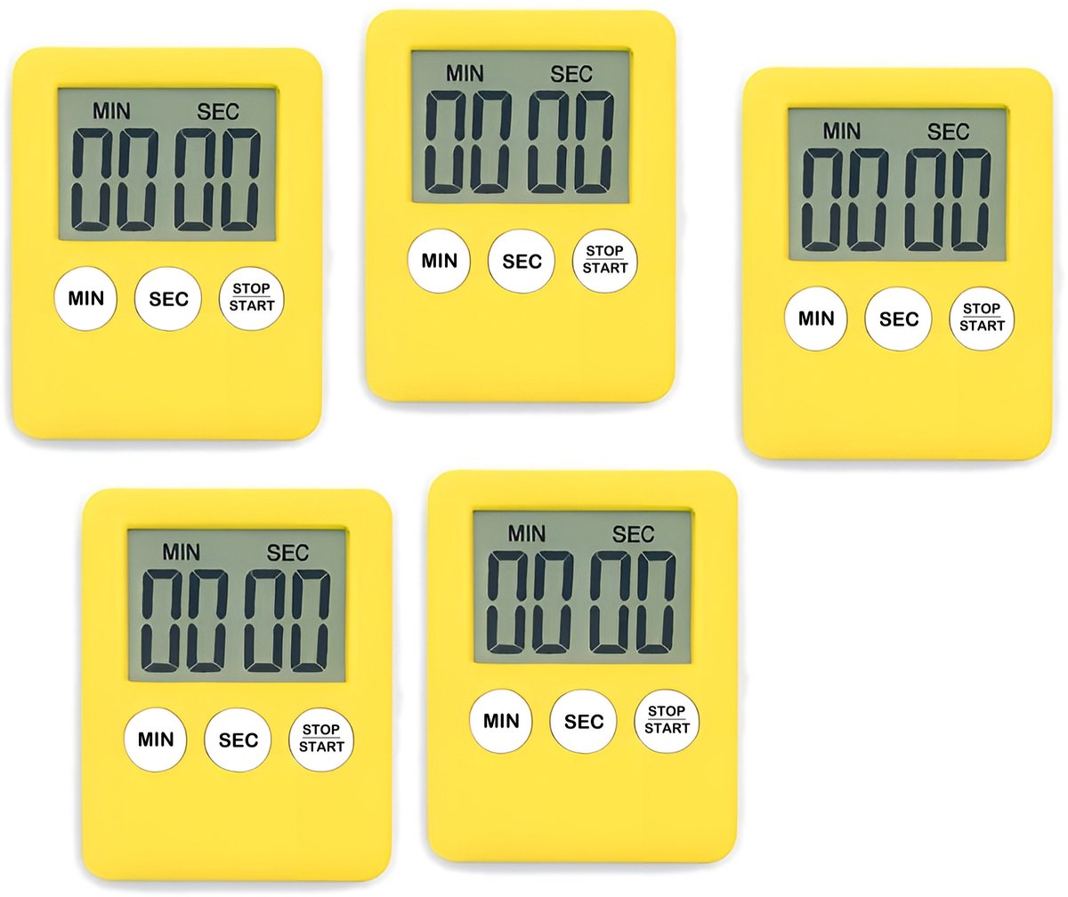 Set van 5 digitale timers, kookwekkers, alarmklokken geel
