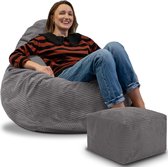 Pouf DreamRoots pour Adultes ou Enfants – Pouf en velours côtelé avec repose-pieds et housse amovible – Rembourrage inclus – 90 x 90 x 100 cm – Gris Frost