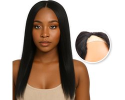 SassyGoods Pruik V Part Haarstuk 100% Echt Remy Haar Human Hair Wig - Zwarte Pruik Lang Haar Dames – 1B Zwart – 55 cm