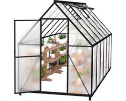Premium kas van aluminium met loopdeur, versterkte fundering, dakraam en deur, weerbestendig en temperatuurbestendig voor tomaten, groenten en planten - 340x180x195cm