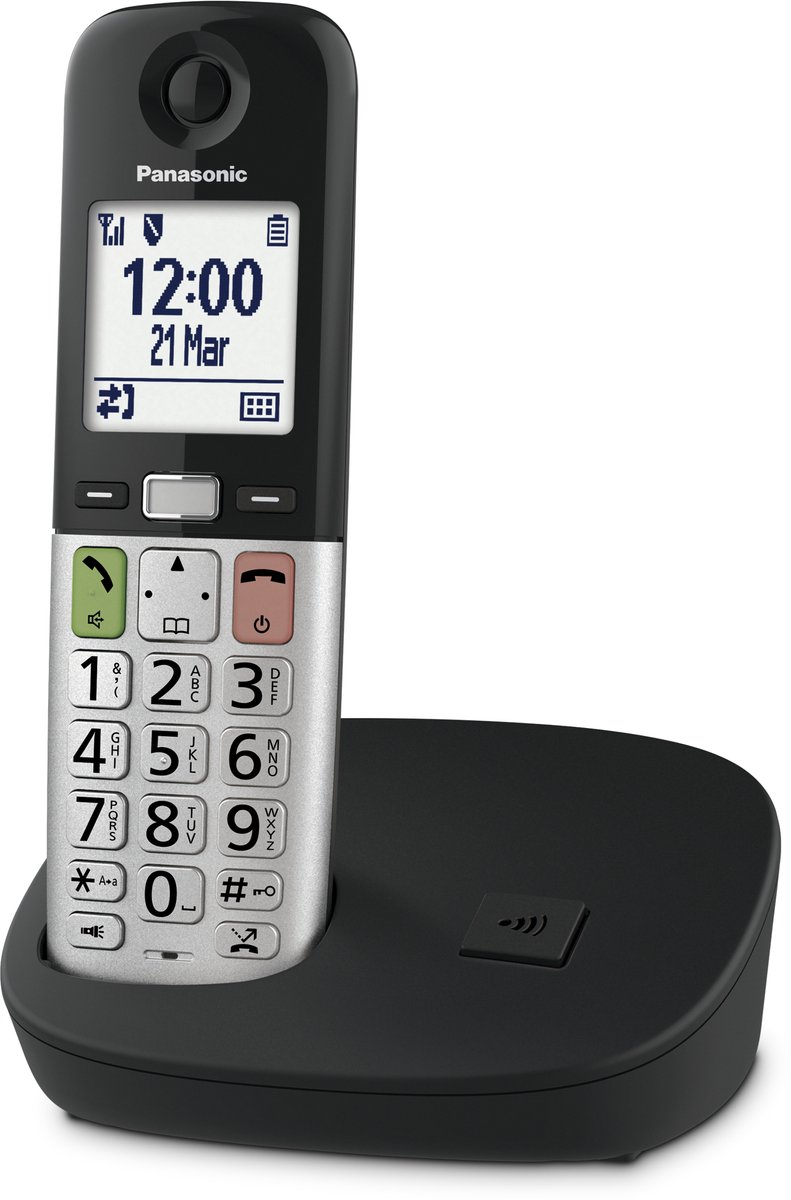 Panasonic single senioren dect telefoon, groot display, grote toetsen, 1 handset, zonder antwoordapparaat, zwart/zilver