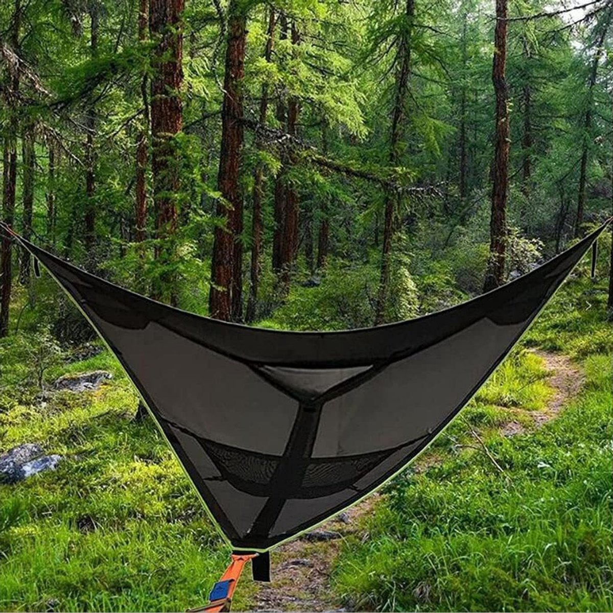 QPFO® Driehoekige hangmat 400x400x400 cm - Draagbare 3-punts hangmat voor 2-3 personen - Kampeerhangmat voor tuin en reizen - Zwart