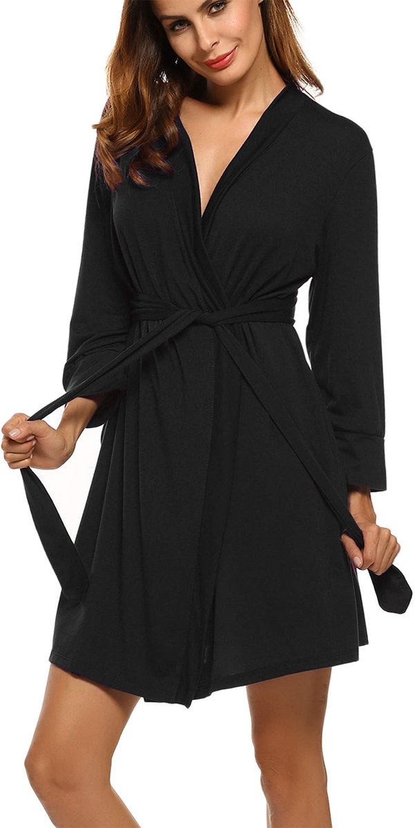 Dames Morgenmantel Kimono - Korte Dunne Katoenen met 3/4 Mouwen en V-hals - Zwart XS