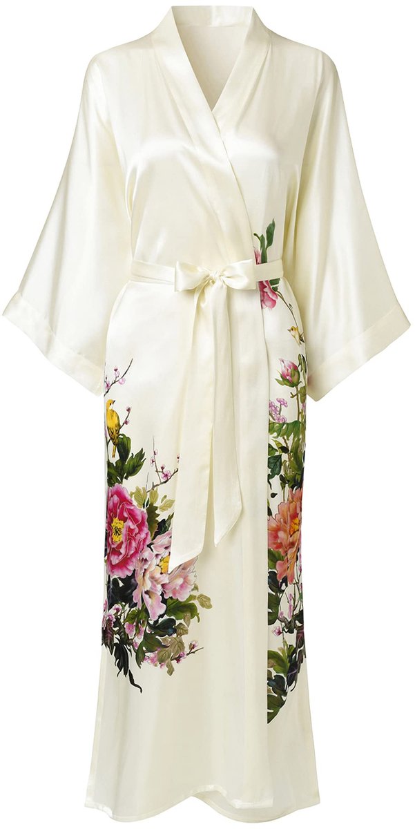 Kimono Badjas - 100% Zijde - Klassiek Bloemenpatroon - Ivoor