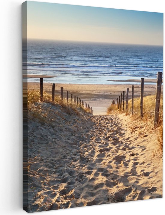 Canvas met opdruk van een zandpad door de duinen naar de zee, zonsondergang.