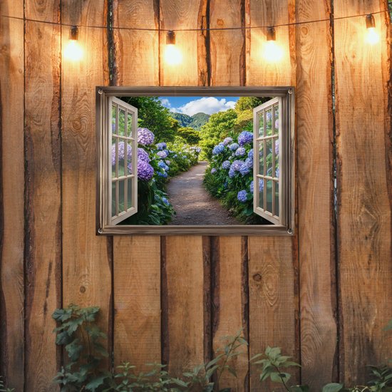 Affiche de jardin 80x60 cm - Décoration de jardin Vue - Hortensia - Chemin - Nature - Affiche pour le jardin - Décoration extérieure - Tableau de jardin clôture - Décoration murale sur toile de jardin - Décoration murale sur toile de balcon